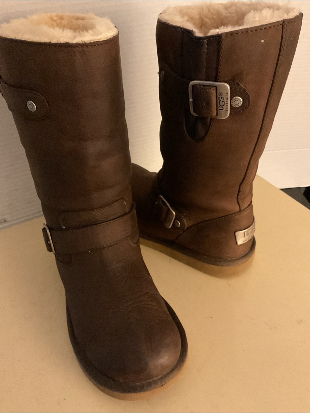 UGG women Brown Leather Shearling biker moto Boots US 6